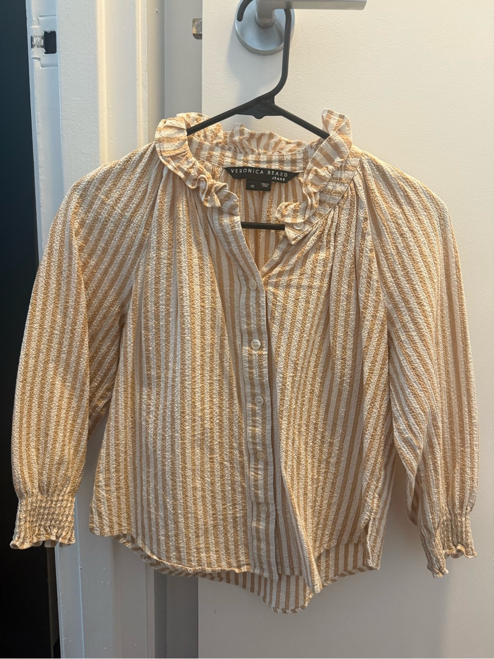 Veronica Beard Cream & Tan Striped Ruffle-Neck Button Front Blouse